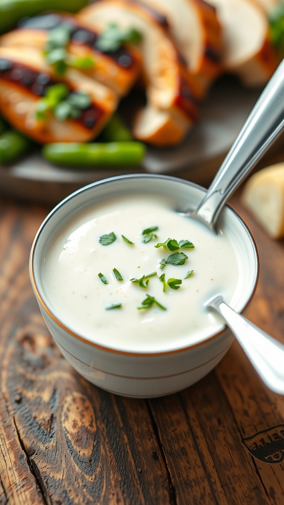 Creamy garlic sauce in a bowl, garnished with parsley, alongside grilled chicken and fresh vegetables.